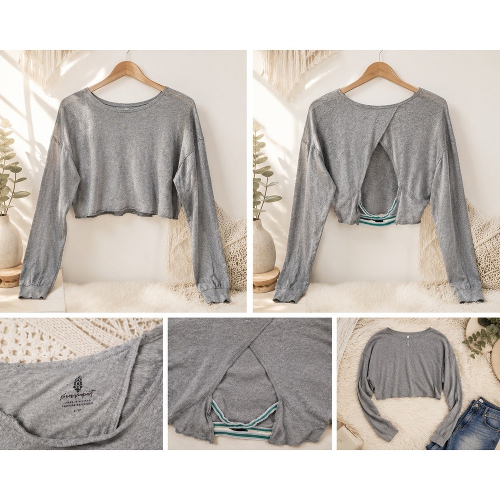 Free People Movement Gray Open Back Crop Top Long Sleeve Size L Activewear